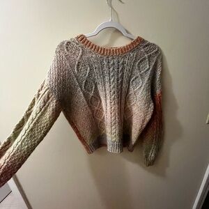 Gray and Brown Cable Knit Crew Neck Sweater